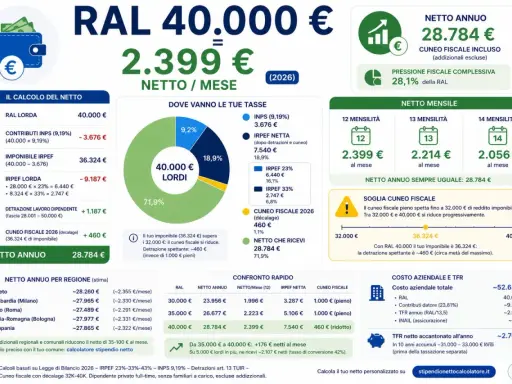 RAL 40.000€, netto annuo 28.784€. Il calcolo mostra come l'impiegato 5 livello stipendio netto sia influenzato da tasse e detrazioni.