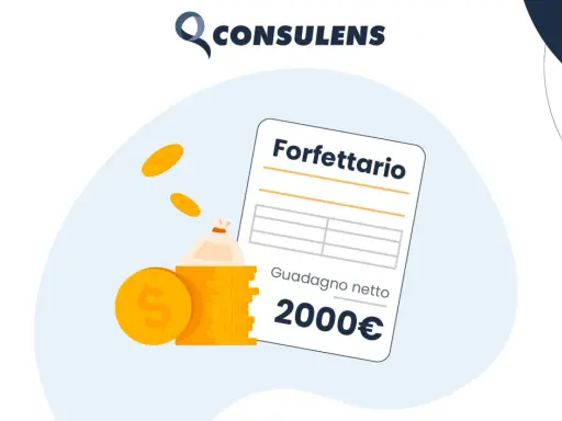 Illustrazione di un foglio con "Forfettario" e "Guadagno netto 2000€", con monete d'oro e un sacchetto di denaro. Simboleggia lo stipendio nel commercio.