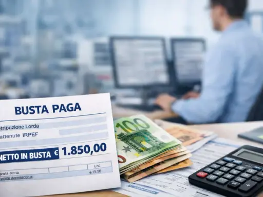 Busta paga con netto di 1.850,00€. La contabilità include la maggiorazione turno notturno, con euro e calcolatrice in primo piano.