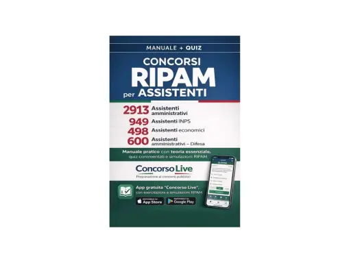 Manuale e quiz per i concorsi RIPAM per assistenti. Offre numeri di posti per diverse figure e un'app per la preparazione.