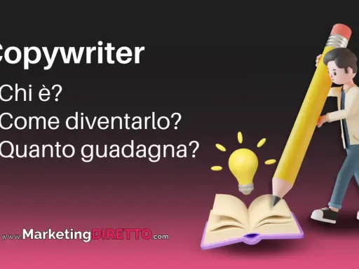 Un personaggio stilizzato scrive con una matita gigante su un libro aperto, con una lampadina accesa. Il testo parla del copywriter lavoro.