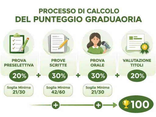 Schema del calcolo punteggio concorsi pubblici: prova preselettiva (20%), prove scritte (30%), prova orale (30%), valutazione titoli (20%).