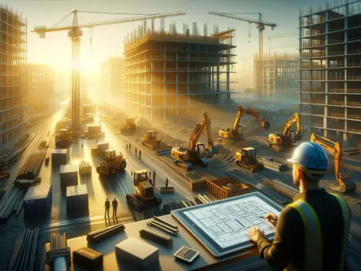 Un geometra di cantiere esamina un progetto su un tablet, circondato da gru, escavatori e edifici in costruzione sotto un sole dorato.