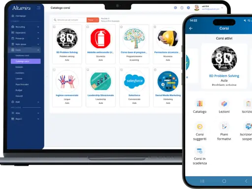 Un catalogo di corsi online, con il **blended significato** di apprendimento misto, mostra diverse opzioni formative su laptop e smartphone.