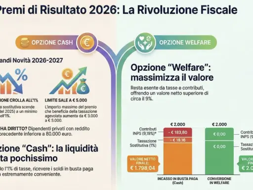 Confronto opzioni per premi di risultato: "Cash" con tassazione agevolata all'1% o "Welfare" esente da tasse.