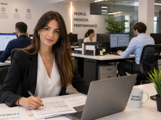 Donna sorridente in ufficio, con tazza "Payroll Specialist", lavora a report. Attenta al customer care.