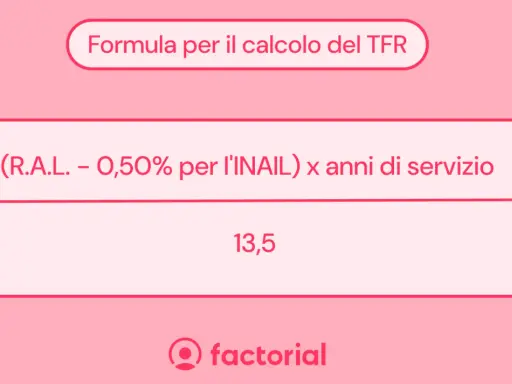 Formula per calcolare il TFR: (RAL - 0,50% INAIL) x anni di servizio / 13,5.