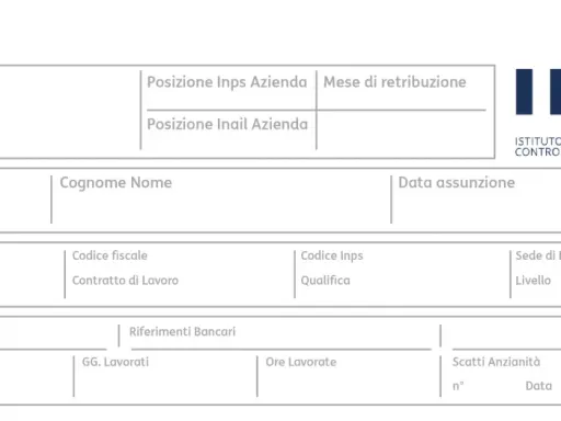 Schema per capire come leggere la busta paga, con campi per dati aziendali, personali e retributivi.