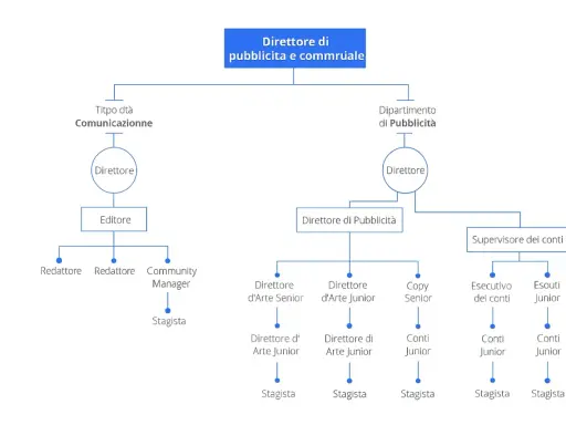 Organigramma esempio: Direttore di pubblicità e commerciale con dipartimenti Comunicazione e Pubblicità, ruoli e stagisti.