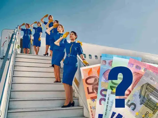 Hostess di terra in divisa blu salgono le scale di un aereo, con banconote in euro e un punto interrogativo che suggeriscono dubbi sullo stipendio.