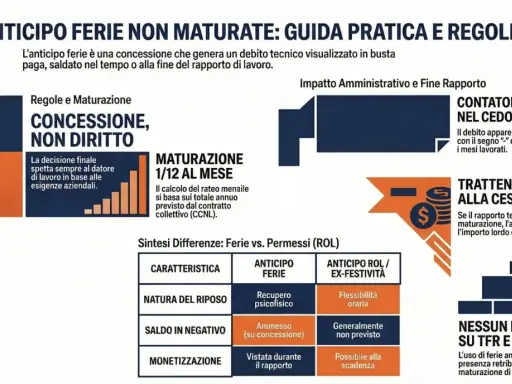 Guida pratica su anticipo ferie non maturate: regole, maturazione 1/12 al mese, impatto su cedolino e cessazione. Comunicazione ferie chiara.