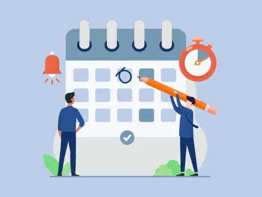 Due uomini pianificano un permesso pagato su un calendario, con una sveglia e un cronometro che indicano l'urgenza.
