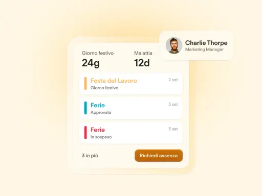 Schermata di gestione ferie e assenze di Charlie Thorpe. Durante il congedo parentale si maturano le ferie, come indicato dalle voci "Ferie Approvata" e "Ferie In sospeso".