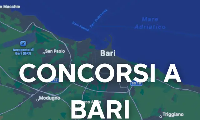 Mappa di Bari con la scritta "CONCORSI A BARI" in sovrimpressione. Si vedono l'aeroporto, il mare Adriatico e alcune località vicine.