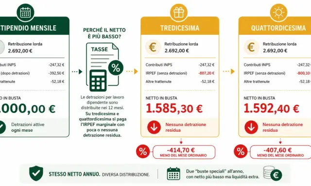 Confronto buste paga: stipendio mensile 2.000€, tredicesima 1.585€, quattordicesima 1.592€. Le 13 e 14 in busta paga mensilmente conviene per il netto annuo.