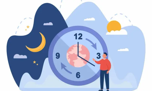 Un uomo indica un orologio che segna il tempo, con la luna e le stelle da un lato e il sole dall'altro, simboleggiando il lavoro notturno orario.