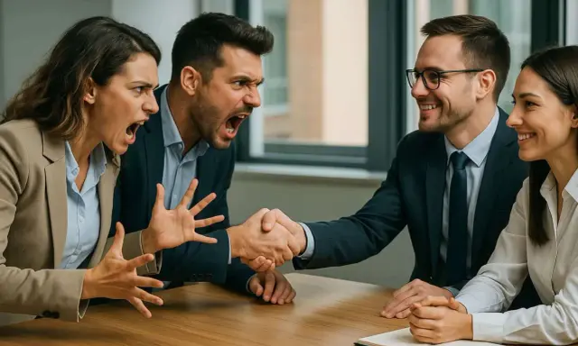 Due persone urlano e gesticolano mentre altre due si stringono la mano, mostrando una gestione dei conflitti efficace e un accordo raggiunto.