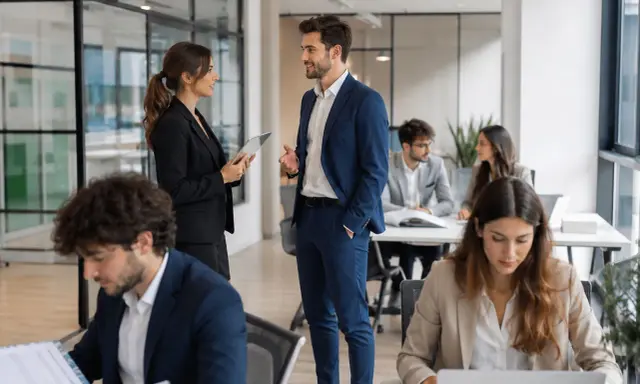 Un team in ufficio discute. Un uomo e una donna in primo piano parlano, mentre altri lavorano. Questo mostra cosa fa un hr manager: gestire persone e relazioni.