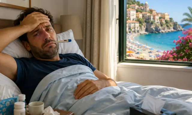 Uomo malato a letto con termometro, mentre fuori si vede una spiaggia affollata. La sua **malattia e ferie attaccate** rovinano la vacanza.