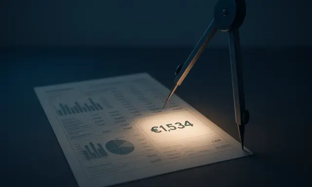 Compasso su foglio con grafici e la cifra €1.534 illuminata, simbolo di calcolo per la tassazione straordinari.