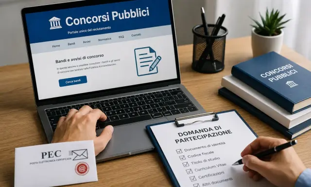 Ricerca di concorsi pubblici in uscita su un portale online. Una mano compila una domanda di partecipazione con i documenti richiesti.