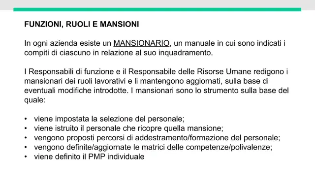 Il mansionario aziendale definisce ruoli e compiti, guidando selezione, formazione e sviluppo del personale.