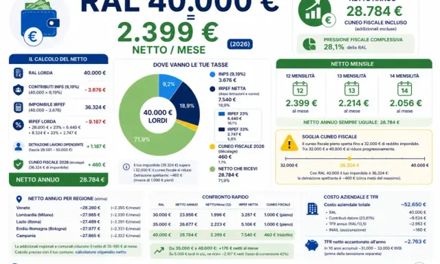 RAL 40.000€, netto annuo 28.784€. Il calcolo mostra come l'impiegato 5 livello stipendio netto sia influenzato da tasse e detrazioni.