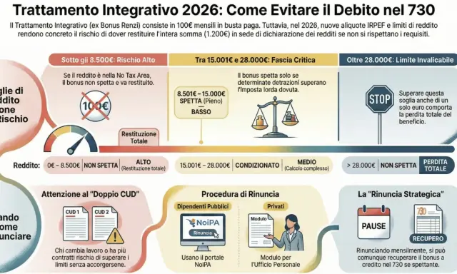 Evitare la rinuncia al trattamento integrativo: schematizza soglie di reddito, fasce critiche e procedure per non perdere il bonus.