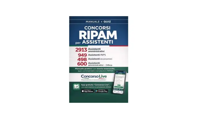 Manuale e quiz per i concorsi RIPAM per assistenti. Offre numeri di posti per diverse figure e un'app per la preparazione.