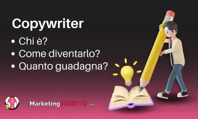 Un personaggio stilizzato scrive con una matita gigante su un libro aperto, con una lampadina accesa. Il testo parla del copywriter lavoro.