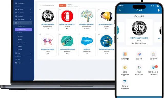 Un catalogo di corsi online, con il **blended significato** di apprendimento misto, mostra diverse opzioni formative su laptop e smartphone.
