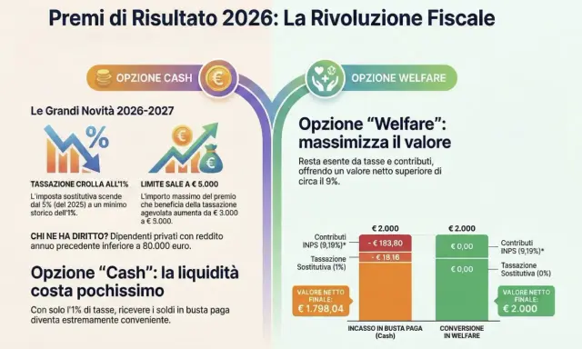 Confronto opzioni per premi di risultato: "Cash" con tassazione agevolata all'1% o "Welfare" esente da tasse.