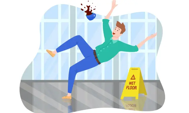 Uomo scivola su pavimento bagnato, caffè rovesciato. Un infortunio sul lavoro può portare a uno stipendio più alto se si ottiene un risarcimento.