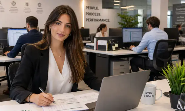Donna al lavoro in ufficio, concentrata su report e laptop. Gestisce le risorse umane e lo stipendio.