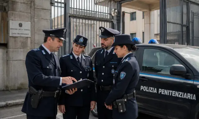 Agenti di polizia penitenziaria discutono un documento. Forse preparano il concorso 2026.