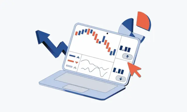 Grafico su laptop con freccia in crescita e torta. Esempi di risorse umane per analisi dati.