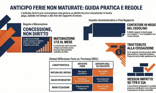 Guida pratica su anticipo ferie non maturate: regole, maturazione 1/12 al mese, impatto su cedolino e cessazione. Comunicazione ferie chiara.