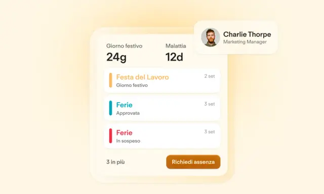 Schermata di gestione ferie e assenze di Charlie Thorpe. Durante il congedo parentale si maturano le ferie, come indicato dalle voci "Ferie Approvata" e "Ferie In sospeso".