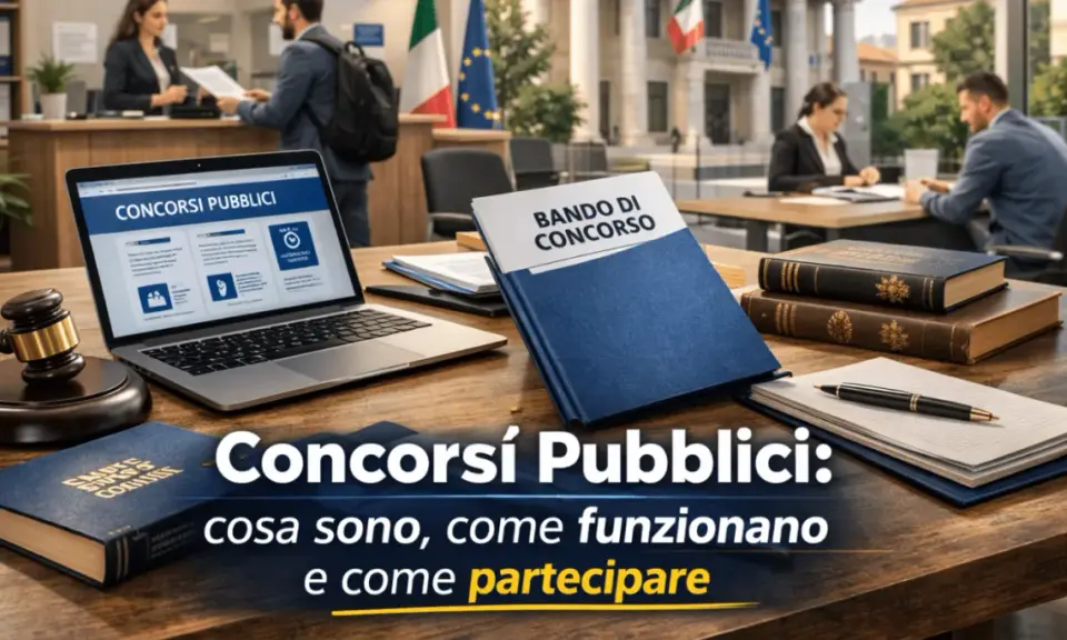 Bando di concorso nel diritto italiano su un tavolo con laptop, martelletto da giudice e libri.
