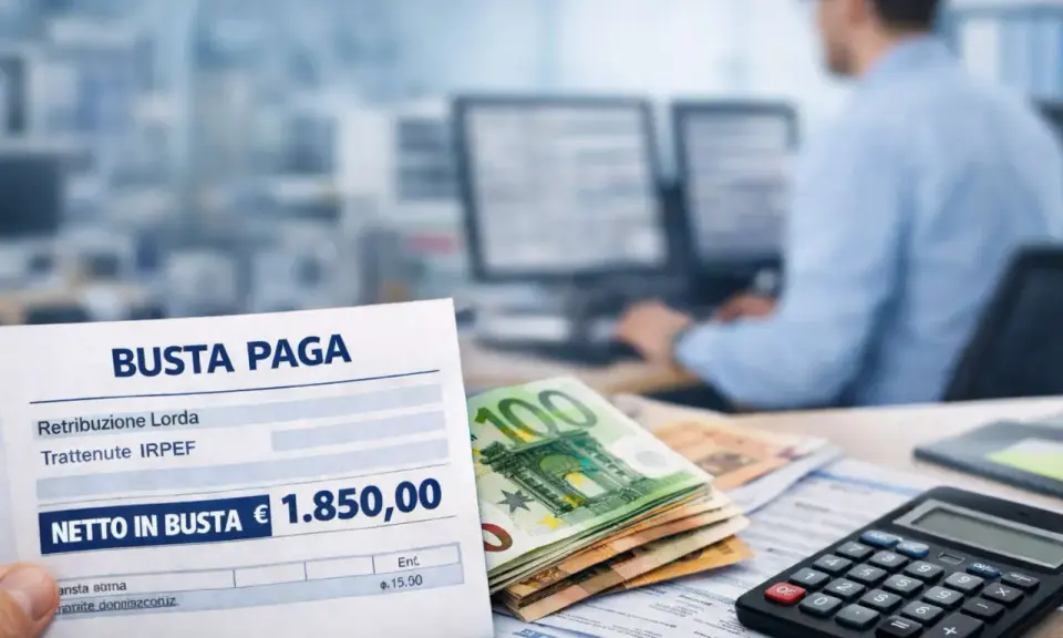 Busta paga con netto di 1.850,00€. La contabilità include la maggiorazione turno notturno, con euro e calcolatrice in primo piano.