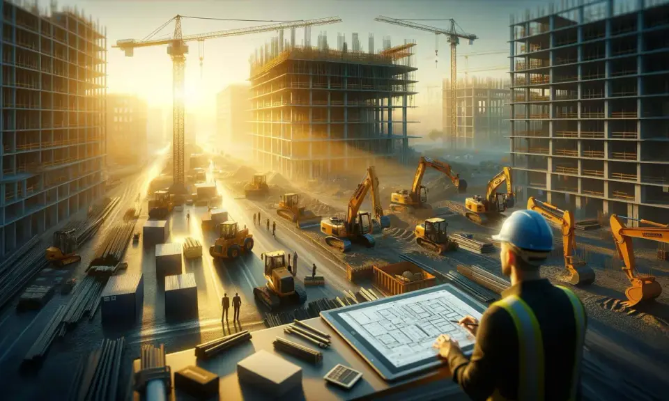 Un geometra di cantiere esamina un progetto su un tablet, circondato da gru, escavatori e edifici in costruzione sotto un sole dorato.