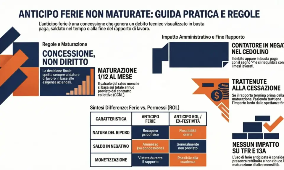 Guida pratica su anticipo ferie non maturate: regole, maturazione 1/12 al mese, impatto su cedolino e cessazione. Comunicazione ferie chiara.