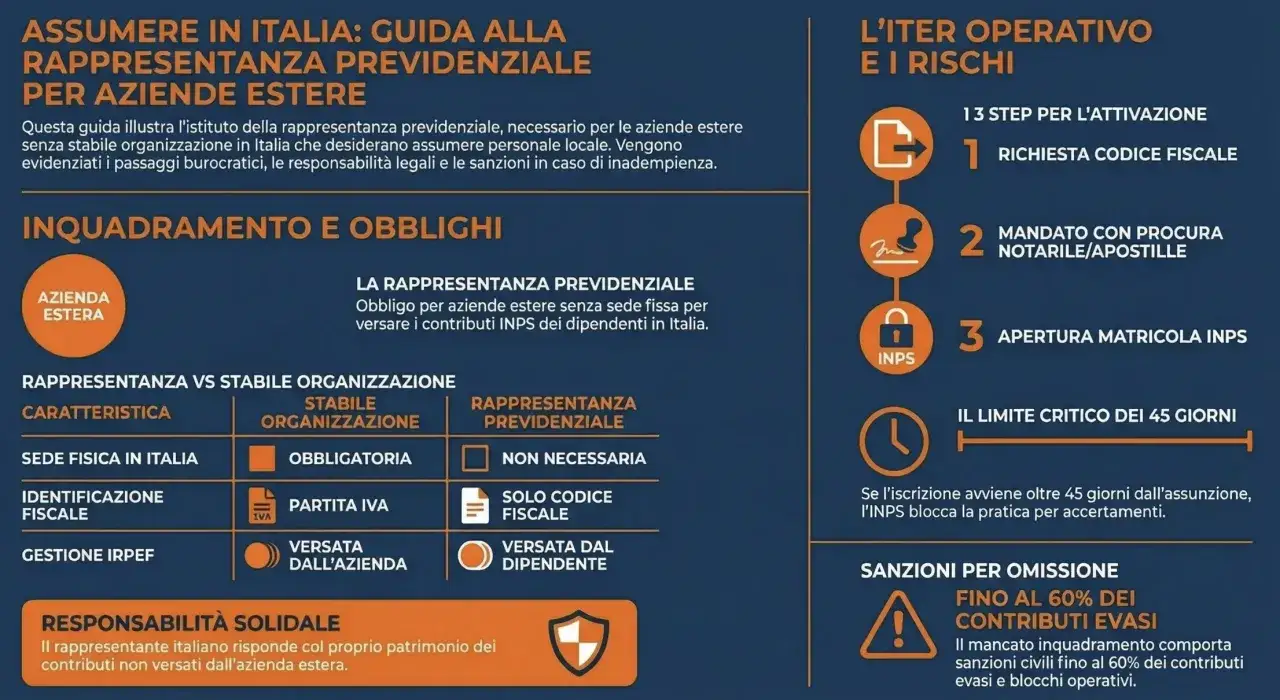 Guida alla rappresentanza previdenziale per aziende estere: quando &egrave; obbligatorio il rls. Illustra passaggi, responsabilit&agrave; e sanzioni.