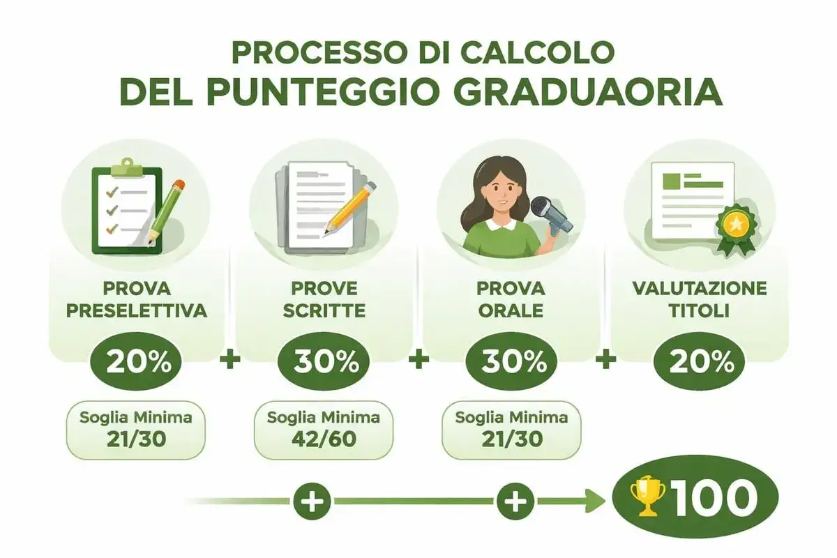 Schema del calcolo del punteggio per un concorso nel diritto italiano: prova preselettiva (20%), prove scritte (30%), prova orale (30%), valutazione titoli (20%).