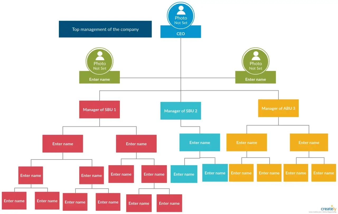 Organigramma aziendale con CEO, manager di SBU e ABU, e dipendenti. Struttura gerarchica per definire ruoli e responsabilità.