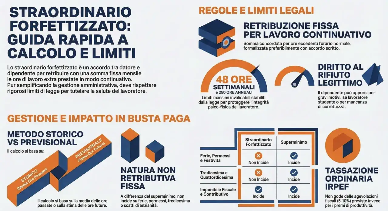 Limiti legali: 48 ore settimanali, 250 annuali. Lo straordinario forfettizzato definisce quante ore di straordinario si possono fare in un mese.