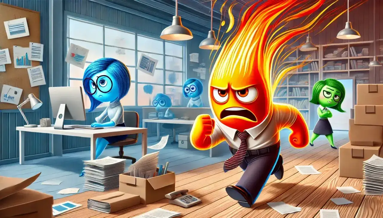 Personaggi di Inside Out in ufficio, con Rabbia che corre fiammeggiante. Tristezza e Disgusto osservano, mentre altri personaggi sembrano sopraffatti. Frasi sul lavoro non apprezzato risuonano in questo caos emotivo.