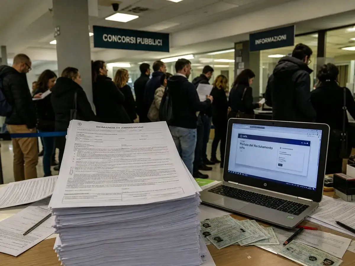 Persone in fila per concorsi pubblici, con documenti e un laptop aperto sul portale del reclutamento inPA. Ideale per chi cerca concorsi per laureati in giurisprudenza.