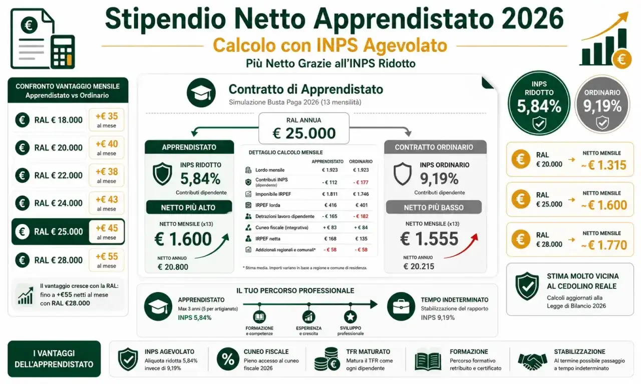 Tabella costo aziendale dipendente: confronto stipendio netto apprendistato vs ordinario con calcolo INPS agevolato per RAL 2026.