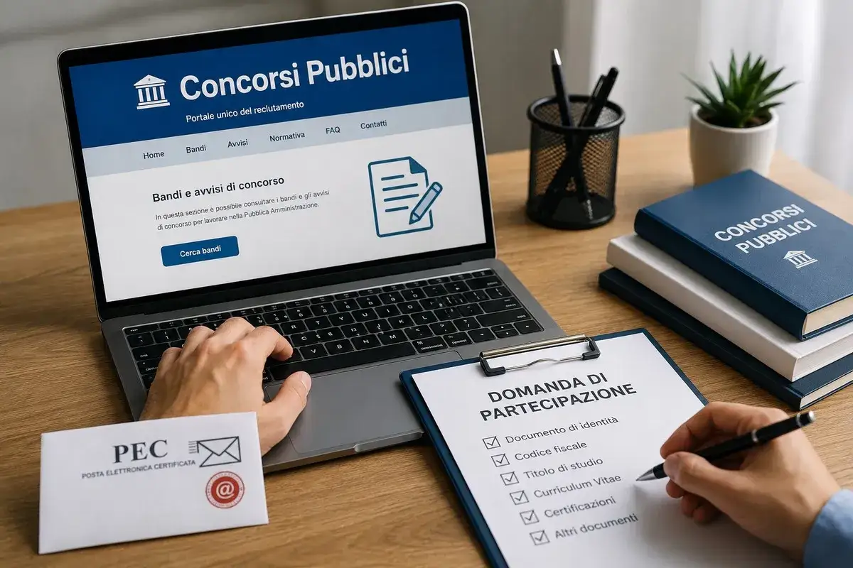 Persona compila domanda per concorsi pubblici, con PEC e sito web aperto su laptop.